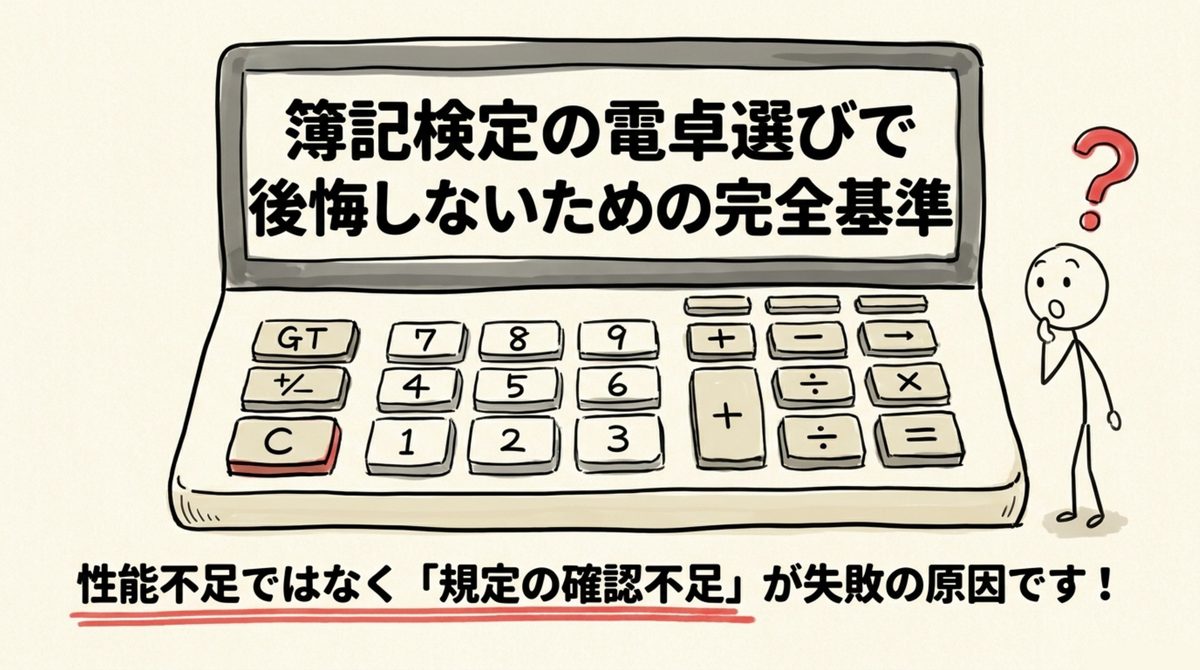 簿記検定の電卓選びで後悔しないための完全基準を示すイラスト。性能不足ではなく規定の確認不足が失敗の原因