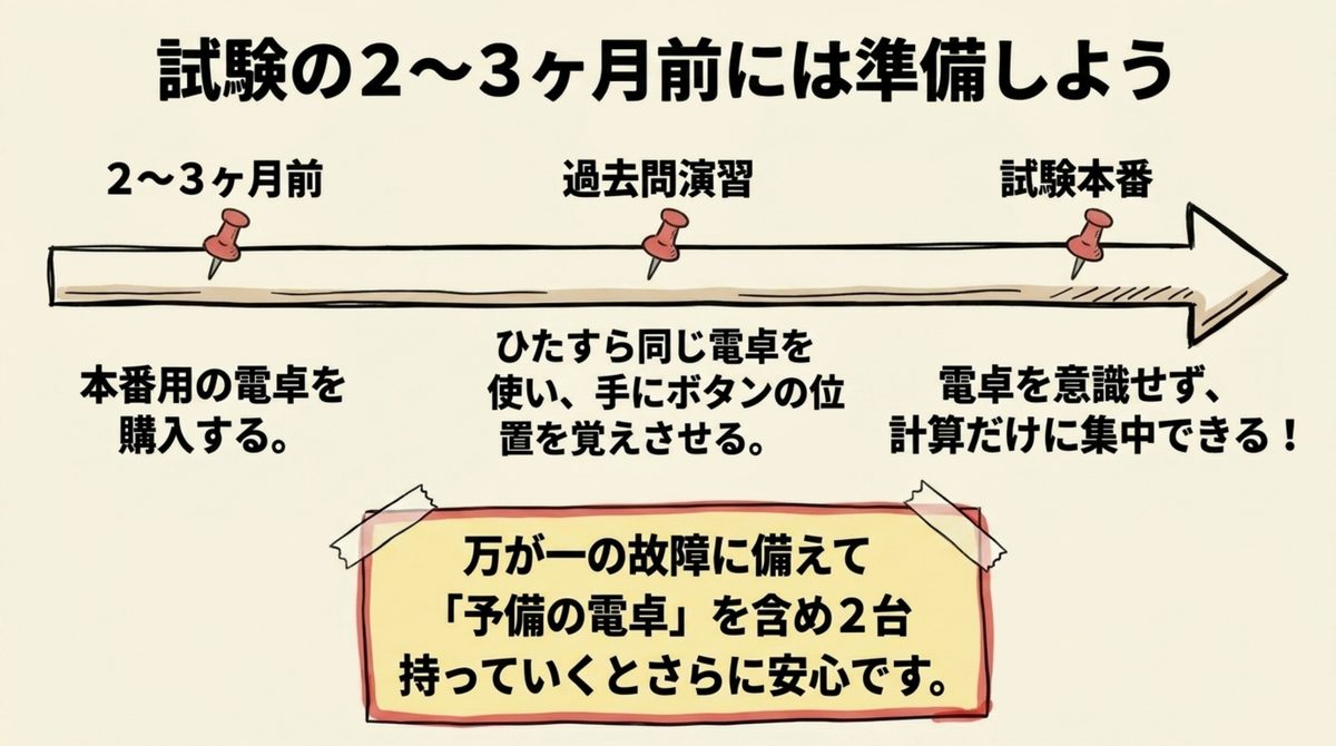 簿記試験の2〜3ヶ月前に電卓を準備し過去問演習で使い慣れておくことを示すタイムライン図解