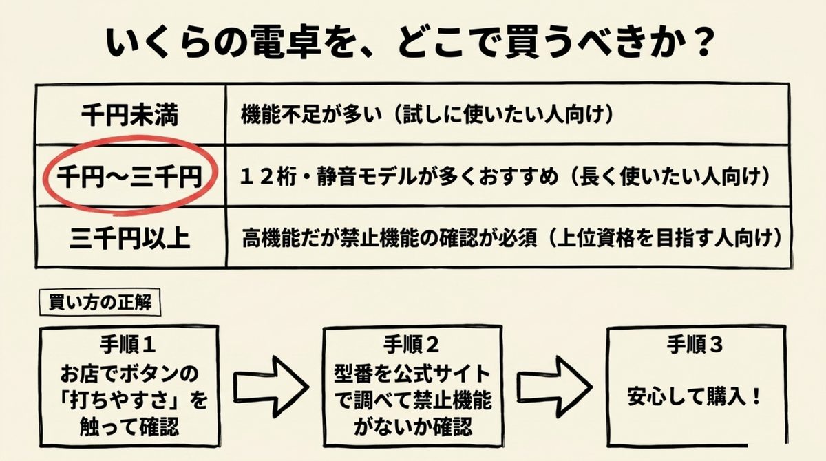 簿記の電卓をいくらでどこで買うべきかを価格帯別の特徴と購入手順で示した図解