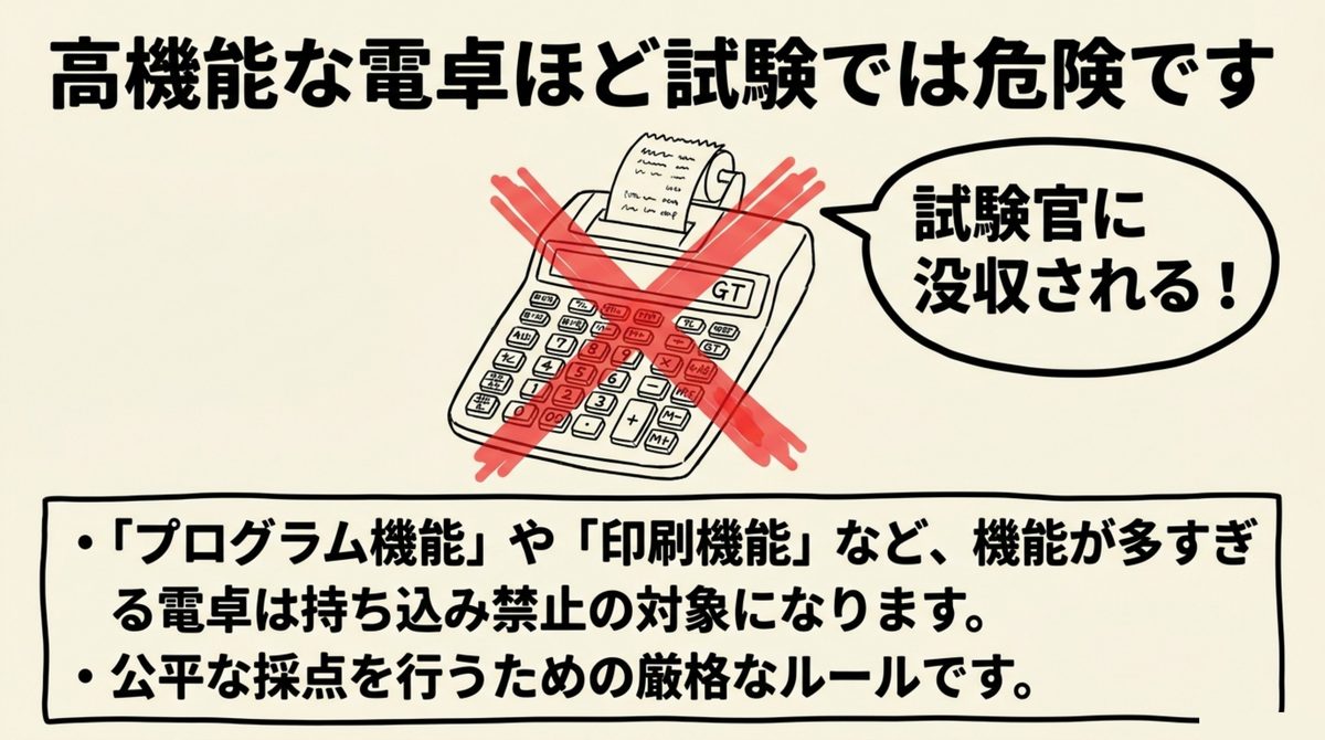 高機能な電卓は簿記検定の試験官に没収される危険があることを示すイラスト