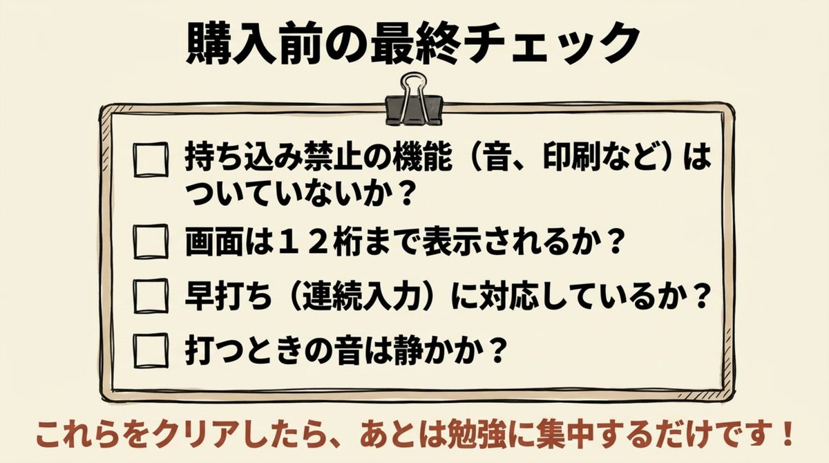 簿記の電卓購入前の最終チェック4項目を示すチェックリスト