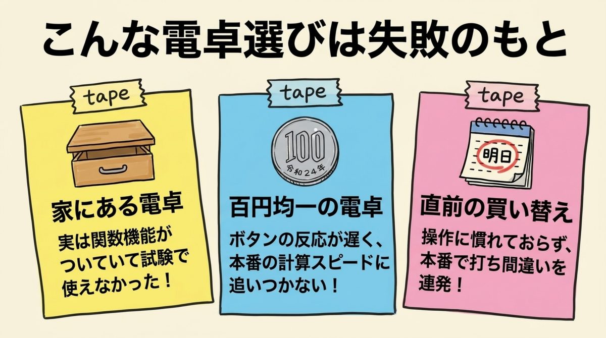 簿記の電卓選びで失敗するもとになる家にある電卓・百円均一の電卓・直前の買い替えの3パターンを示すイラスト