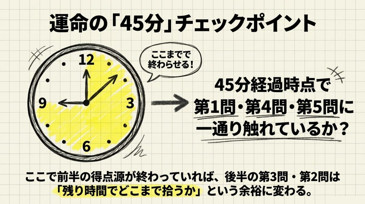 簿記2級の本番で45分経過時点に第1問第4問第5問へ触れているか確認するチェックポイントの図解