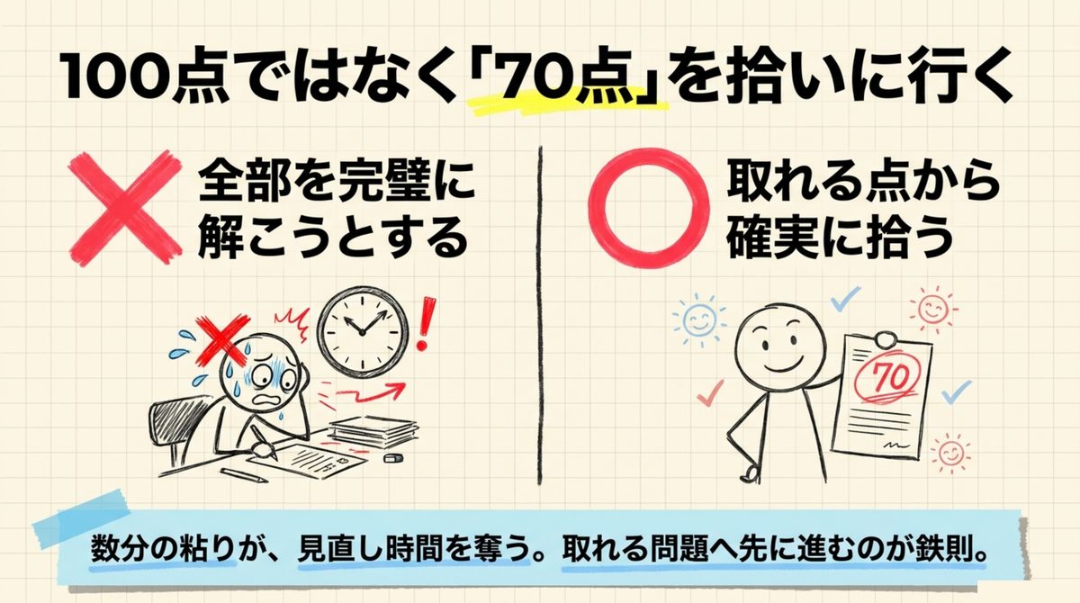 簿記2級は100点でなく70点を拾いに行く試験であることを示す図解