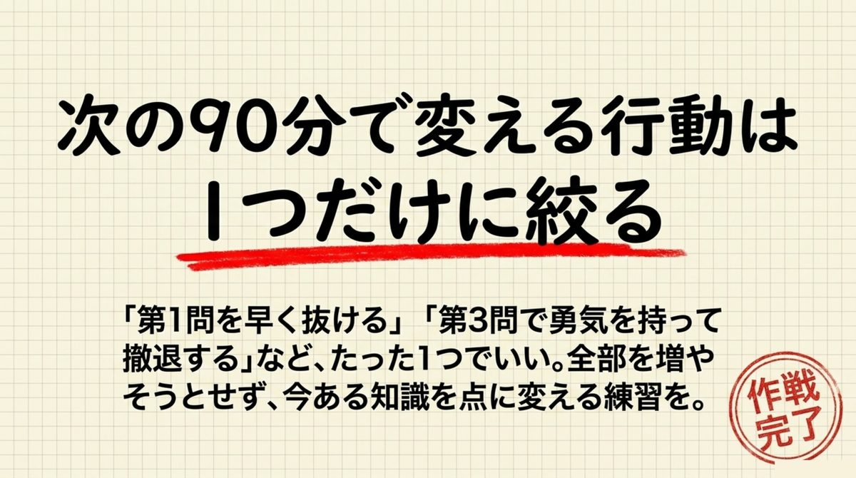簿記2級で次の90分で変える行動は1つだけに絞るという考え方の図解