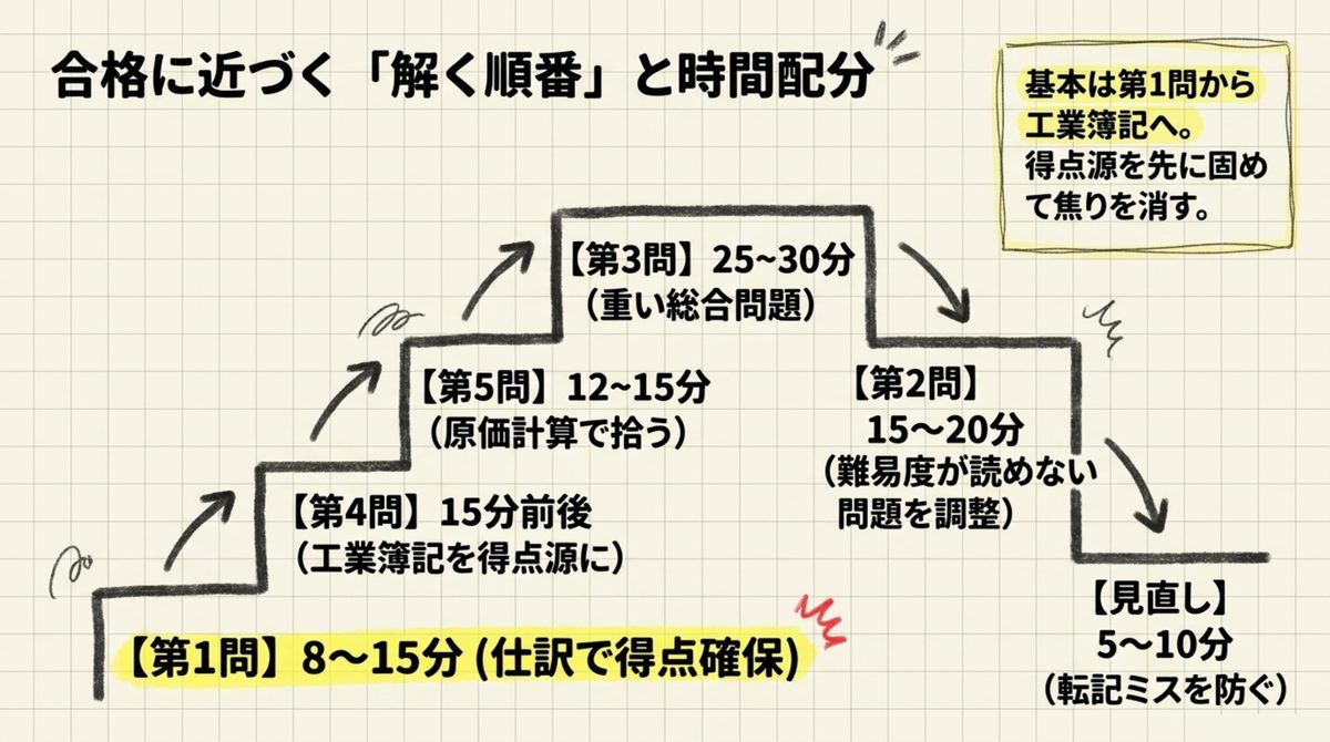 簿記2級で合格に近づく解く順番と大問別の時間配分を示す階段グラフ