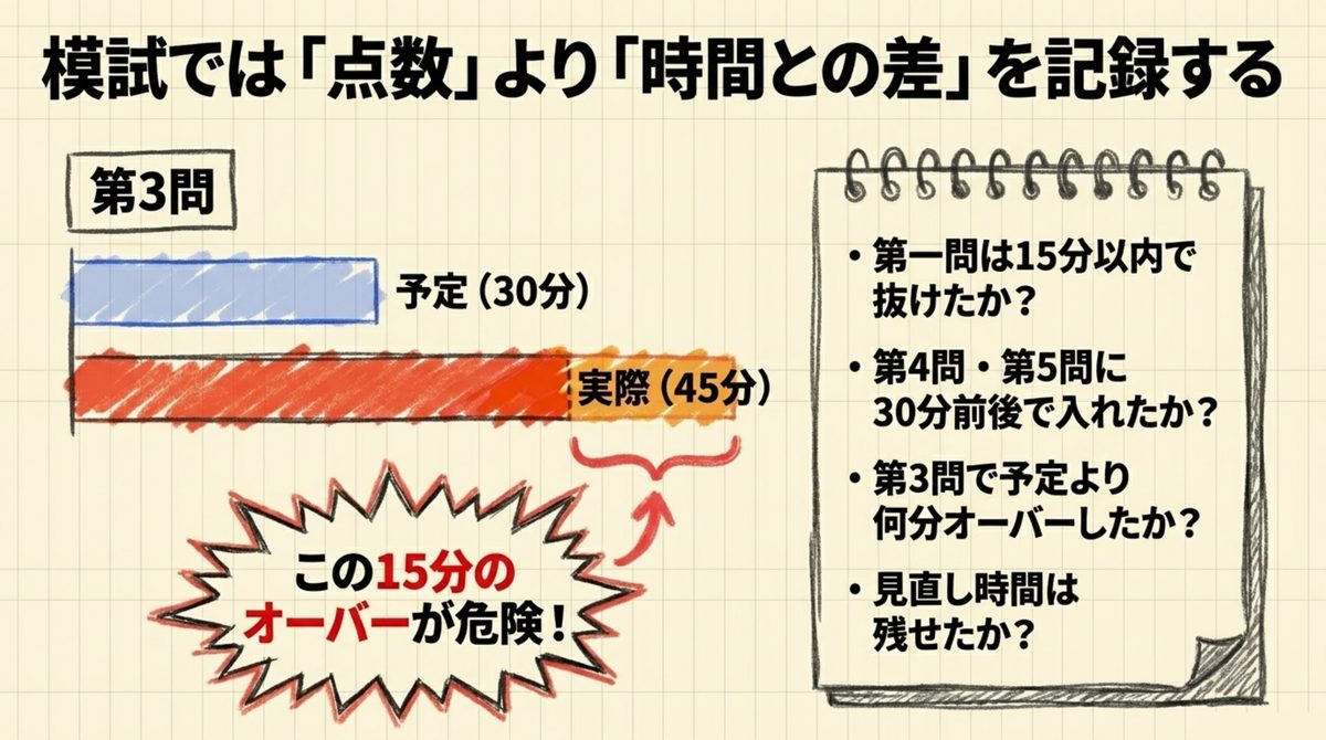 簿記2級の模試で点数より予定時間との差を記録する重要性を示す第3問のオーバー例の図解