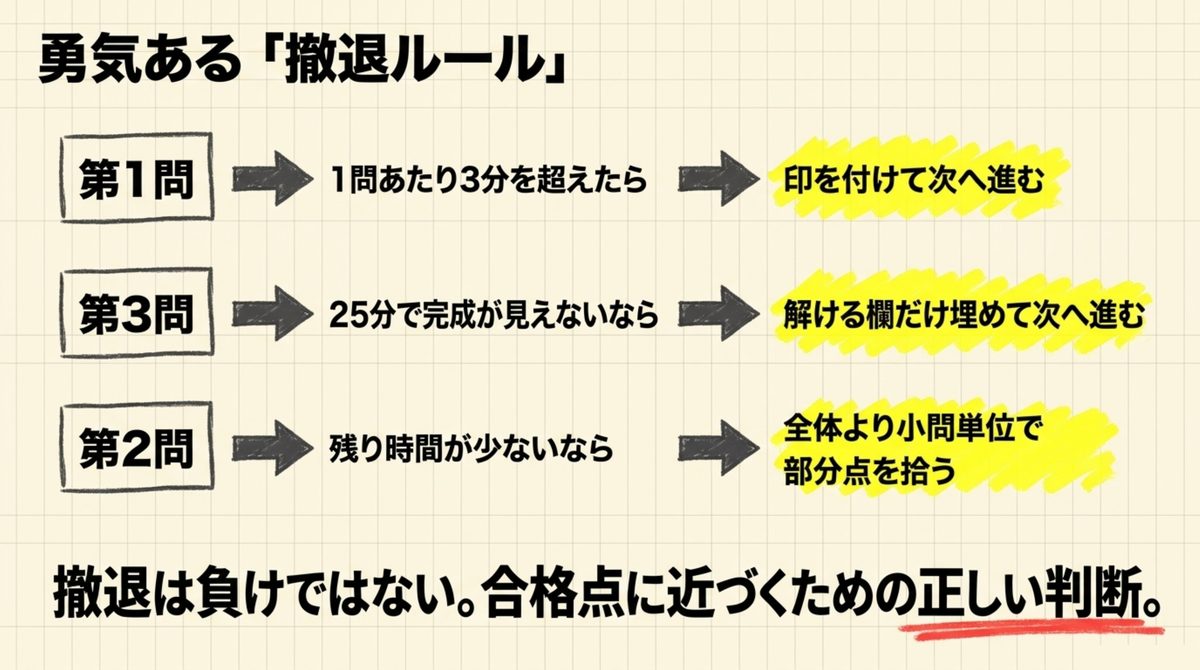 簿記2級の第1問第2問第3問で時間切れ時にどう撤退するかを示す勇気ある撤退ルールの図解