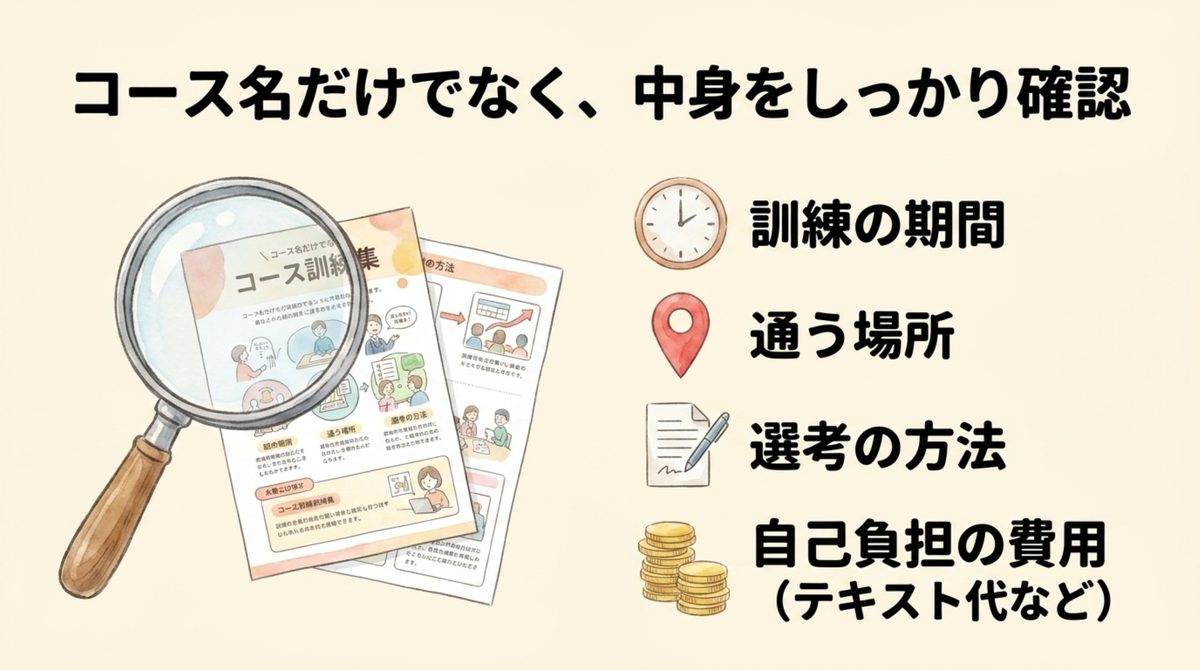 コース名だけでなく訓練期間・通う場所・選考・自己負担費用まで確認すると示す図解