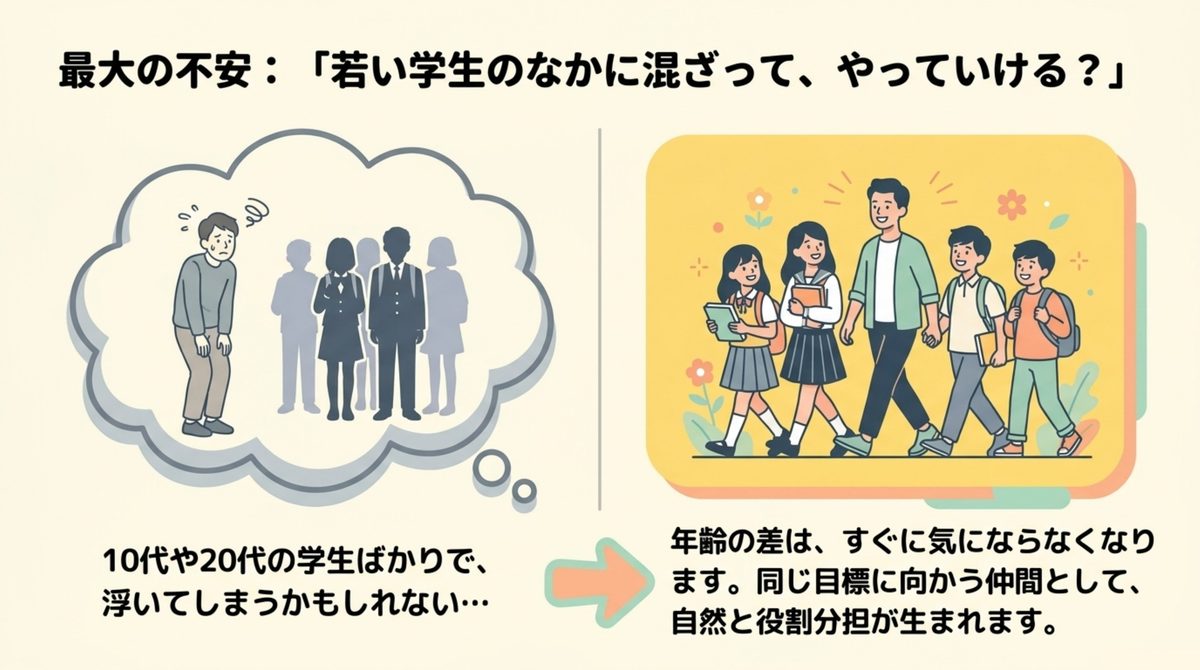 若い学生のなかに混ざってやっていけるかという不安と、年齢差はすぐ気にならなくなり同じ目標に向かう仲間になれることを対比した図