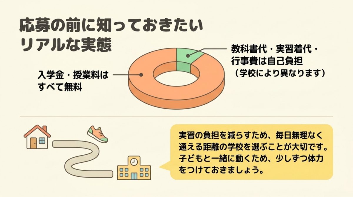 応募前に知っておきたい費用の実態(入学金授業料は無料・教科書代や実習着代は自己負担)と通える距離の学校を選ぶ大切さを示す図