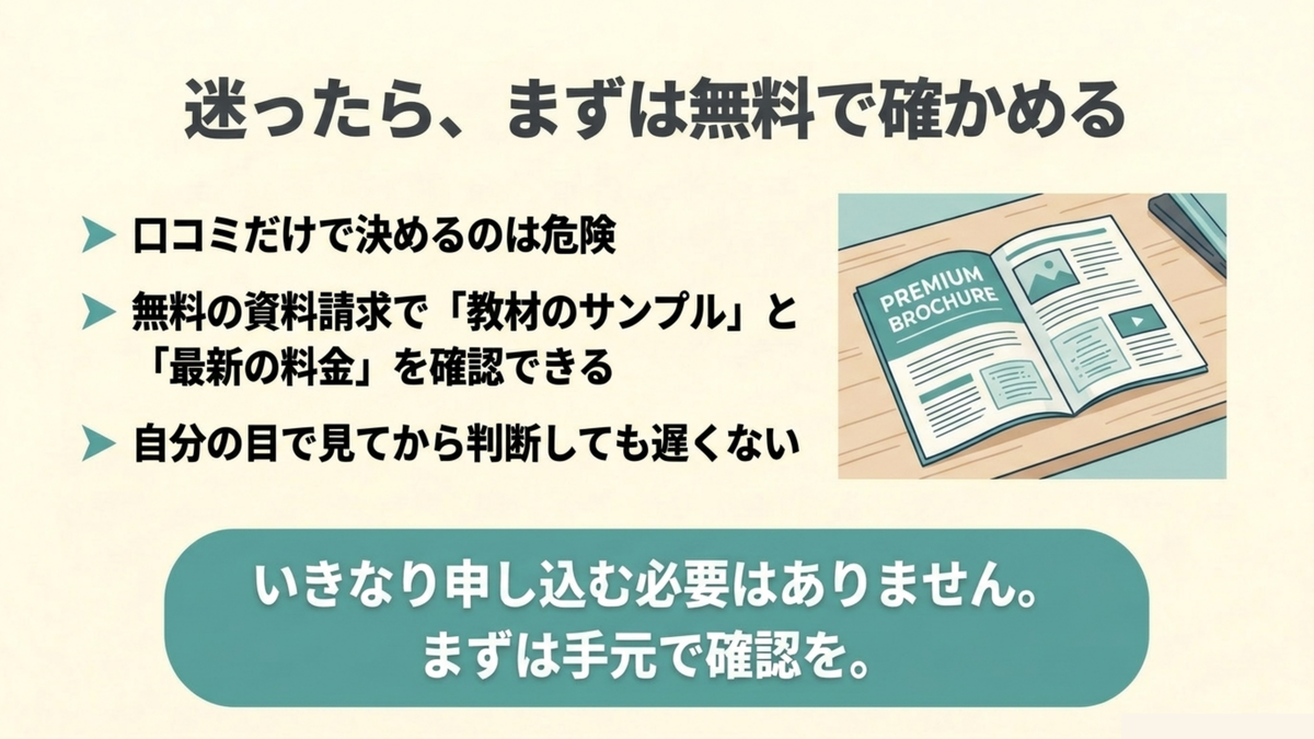 クレアール簿記講座の資料請求で教材サンプルと最新料金を確認できることを示した図解