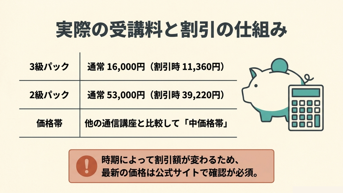 クレアール簿記3級パックと2級パックの通常価格と割引価格を示した料金表