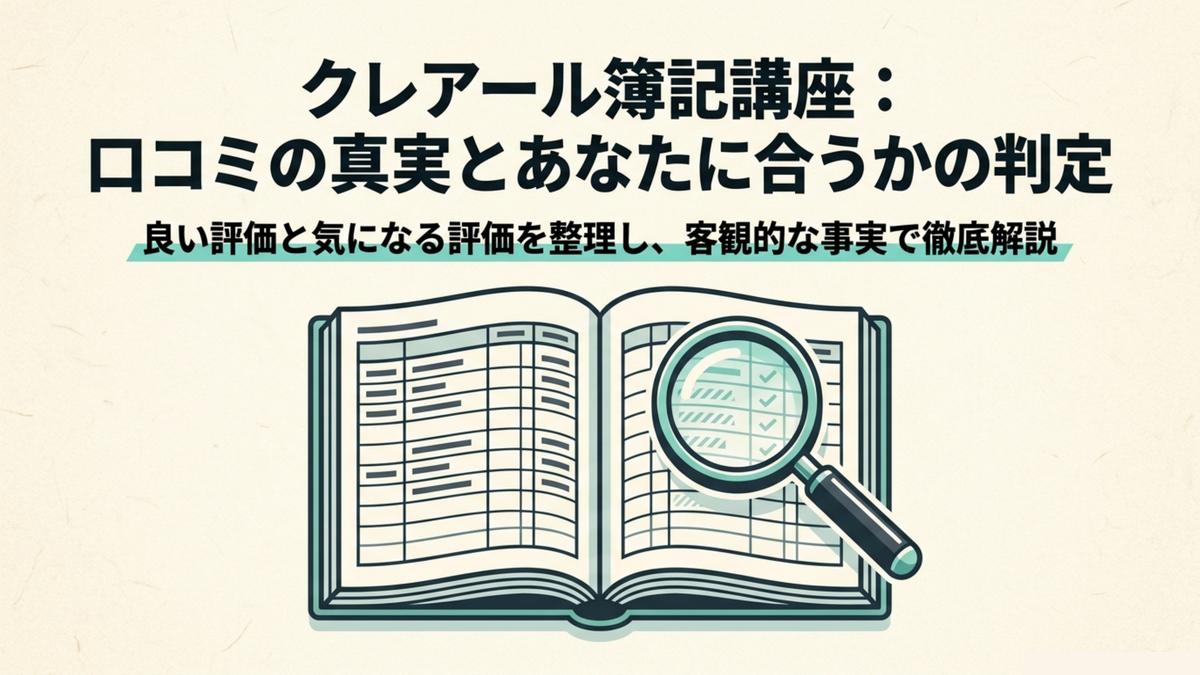 クレアール簿記講座の口コミを整理し、良い評価と気になる評価を客観的な事実で解説するインフォグラフィック