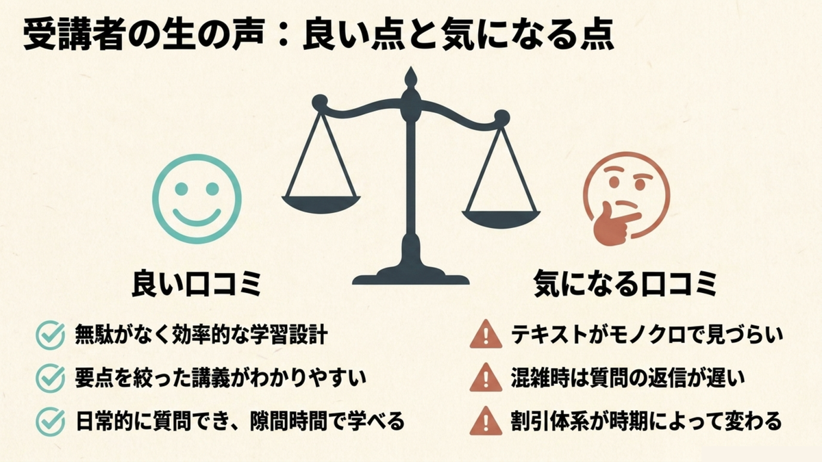 クレアール簿記講座の良い口コミと気になる口コミを天秤で対比したイラスト