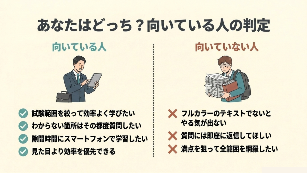 クレアール簿記講座が向いている人と向いていない人の特徴を対比したイラスト