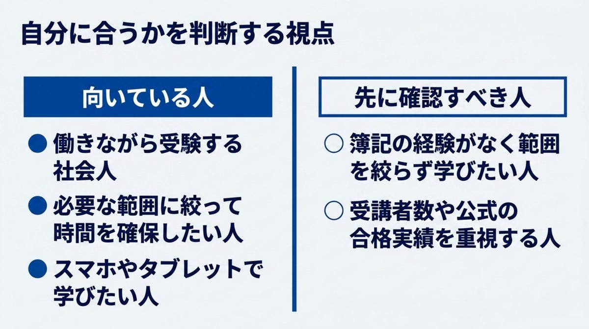 クレアール公認会計士講座が向いている人と先に確認しておいた方がいい人の違いを整理した判断カードの図解