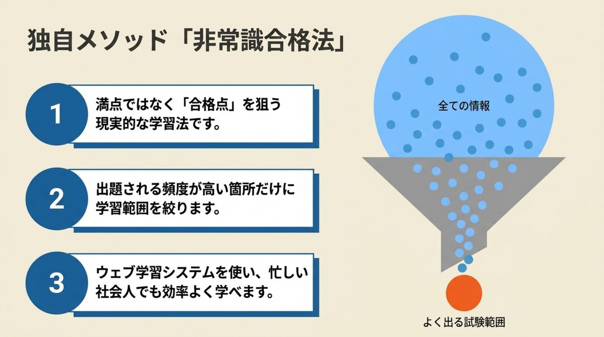 クレアール社労士講座の非常識合格法が全ての情報から出題頻度の高い論点だけに絞り込む仕組みを示す図解