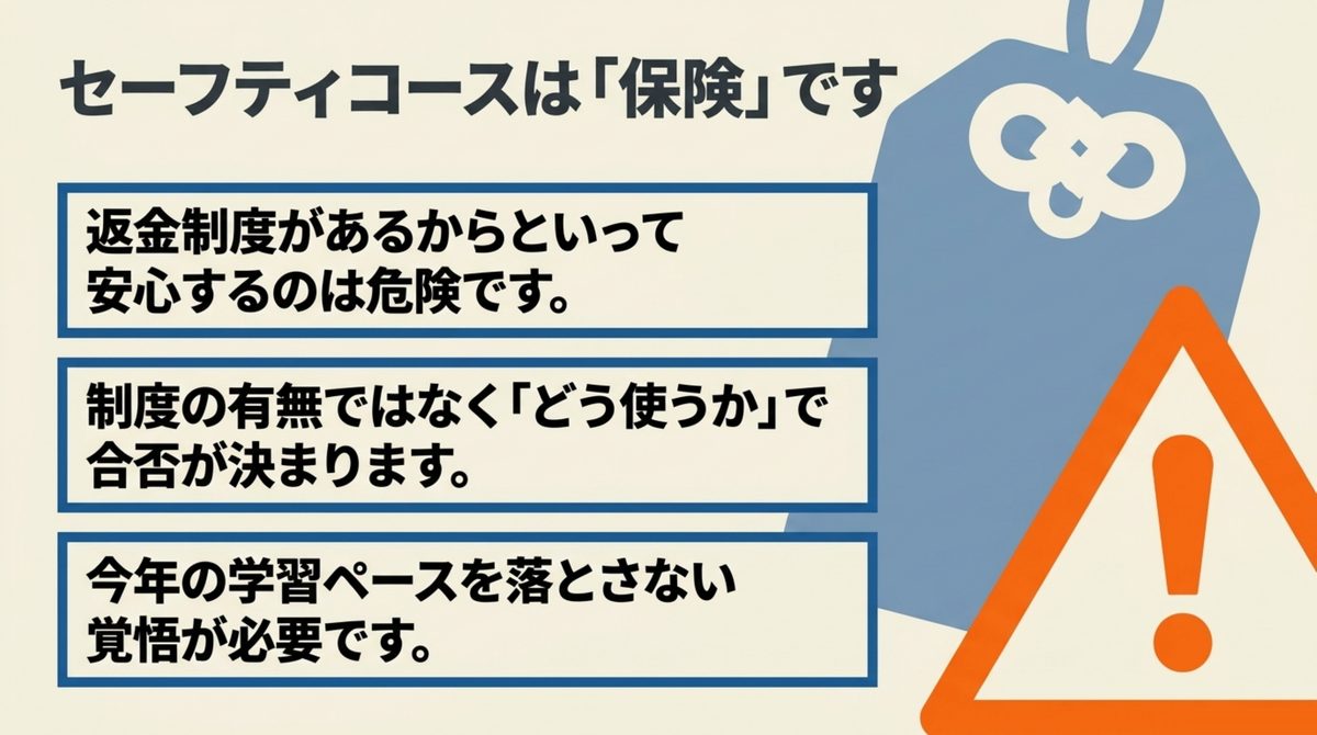 クレアール社労士講座のセーフティコースは返金制度があるからと安心しきるのは危険であることを示す図解