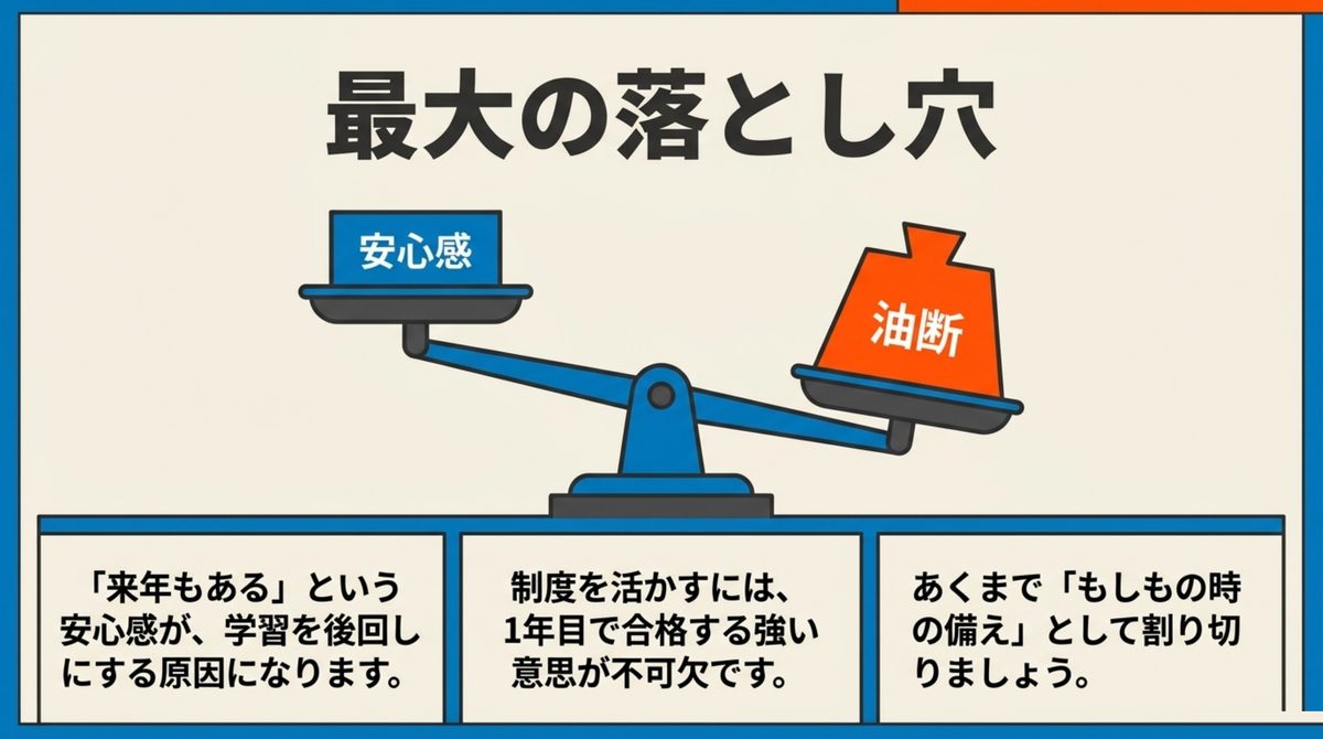 クレアール社労士講座のセーフティコースで安心感が油断に変わり学習ペースが緩む最大の落とし穴を示す図解