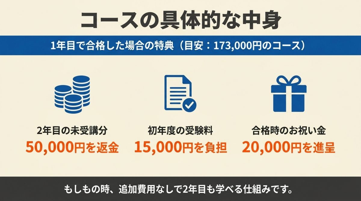 クレアール社労士講座のセーフティコースの料金と未受講分返金・受験料負担・合格お祝い金の条件を示す図解