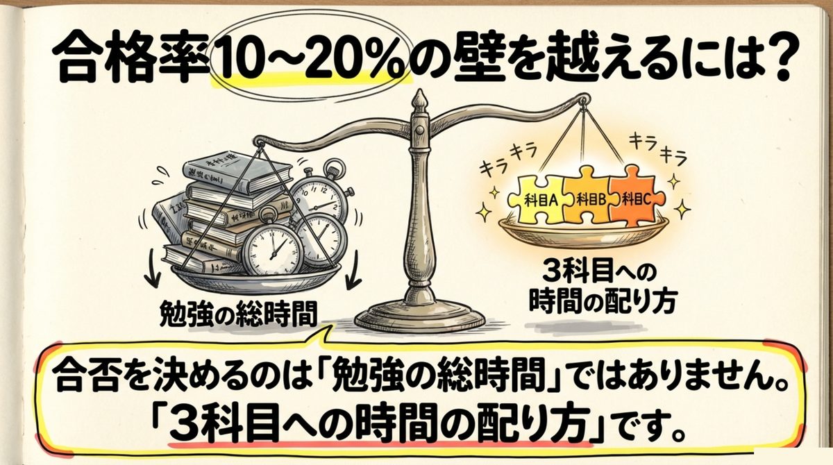 通関士 合格率と時間配分の関係 通関士試験の合格率10〜20%の壁を越えるのは勉強の総時間ではなく3科目への時間の配り方であることを示す図解