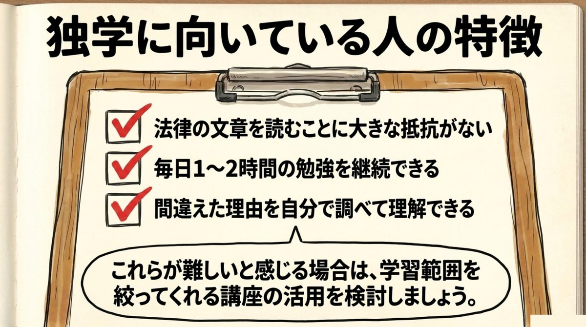 通関士 独学に向いている人の特徴 通関士試験の独学に向いている人の特徴として法律の文章への抵抗のなさ・毎日1〜2時間の学習継続・間違えた理由を自分で調べて理解できることを示すチェックリスト