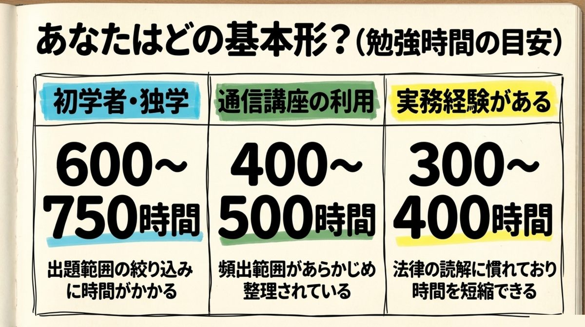 通関士 勉強時間の目安比較 通関士の勉強時間の目安を独学750時間・通信講座500時間・実務経験あり400時間の学習パターン別に比較した棒グラフ