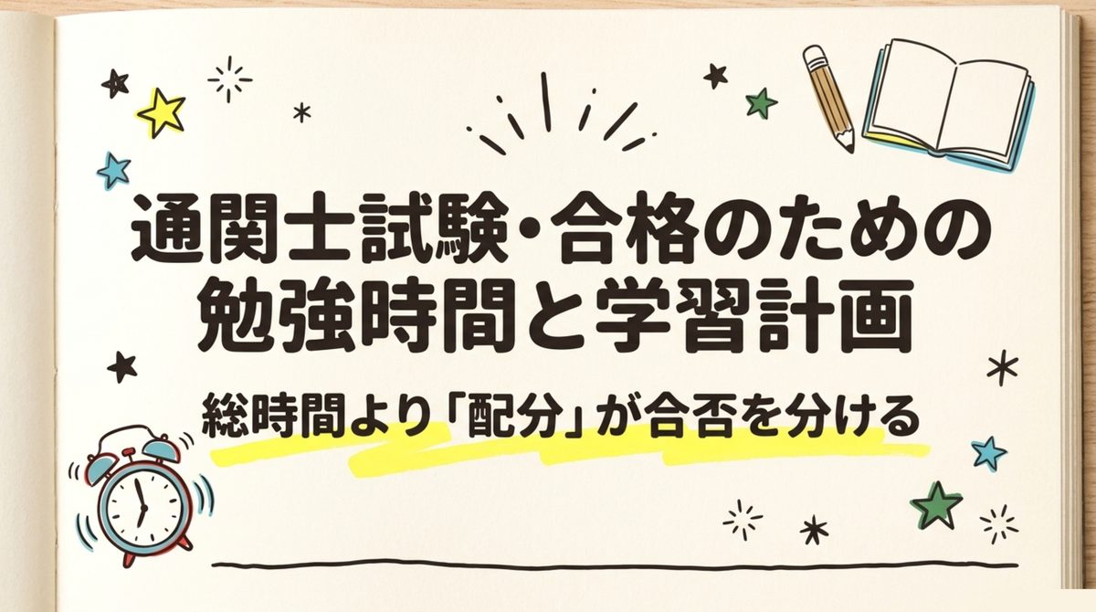 通関士 勉強時間と学習計画 通関士試験の合格には勉強時間の総量よりも科目ごとの時間配分が重要であることを示すタイトル画像