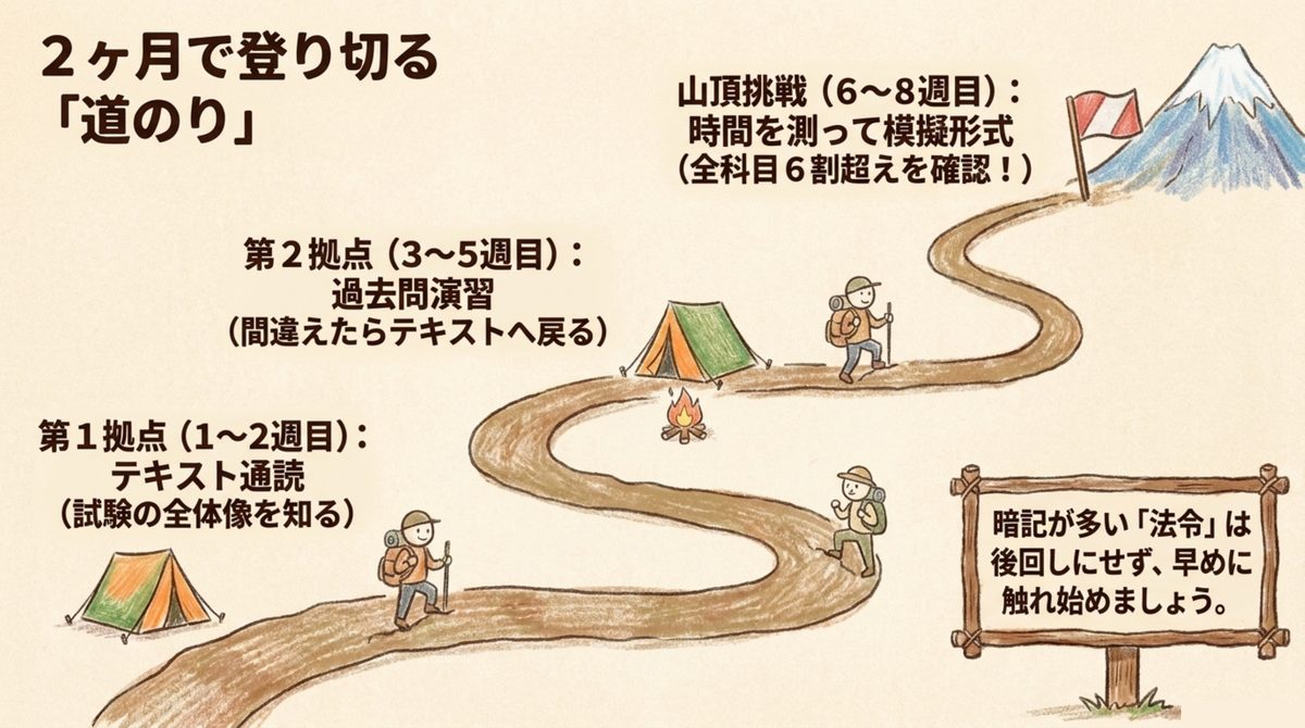危険物乙4を独学で2ヶ月で合格するための第1拠点・第2拠点・山頂挑戦のスケジュール例を示す図解