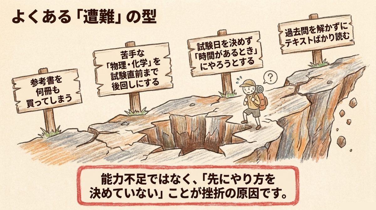 危険物乙4の独学でありがちな後悔パターン、参考書の買いすぎ・物理化学の先延ばし・試験日未確定・過去問未着手を示す図解