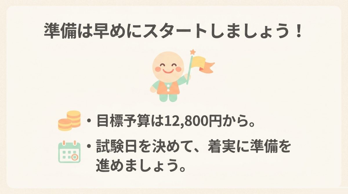 危険物乙4の資格取得準備を早めに始めることを勧める図。目標予算12,800円から着実に準備を進める