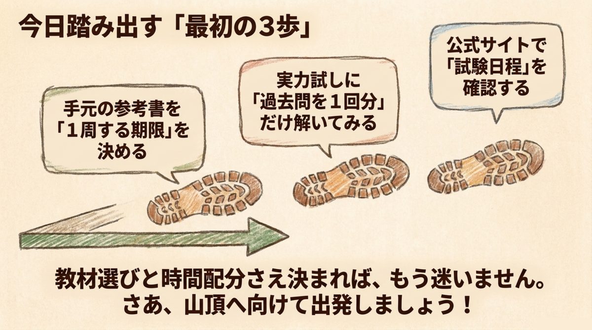 危険物乙4の独学で今日踏み出す最初の3歩、参考書を1周する期限を決める・過去問を1回分解く・試験日程を確認することを示す図解