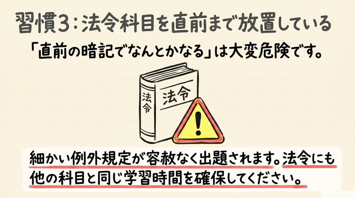 危険物乙4 法令科目の注意点 危険物乙4の法令科目は例外規定が細かく出題されるため直前の暗記に頼らず他の科目と同じ学習時間を確保すべきことを示す図解