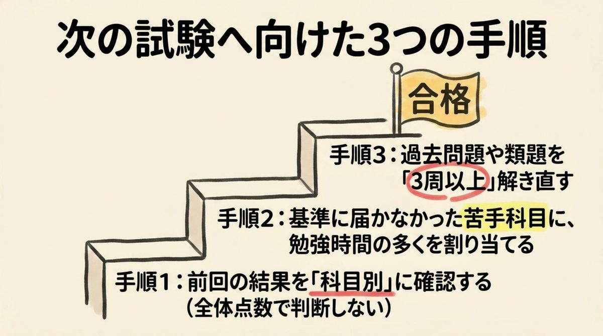 危険物乙4 次の試験への3手順 危険物乙4の次の試験に向けて前回結果を科目別に確認し苦手科目に時間を配分し過去問を3周以上解き直す3つの手順を示す図解