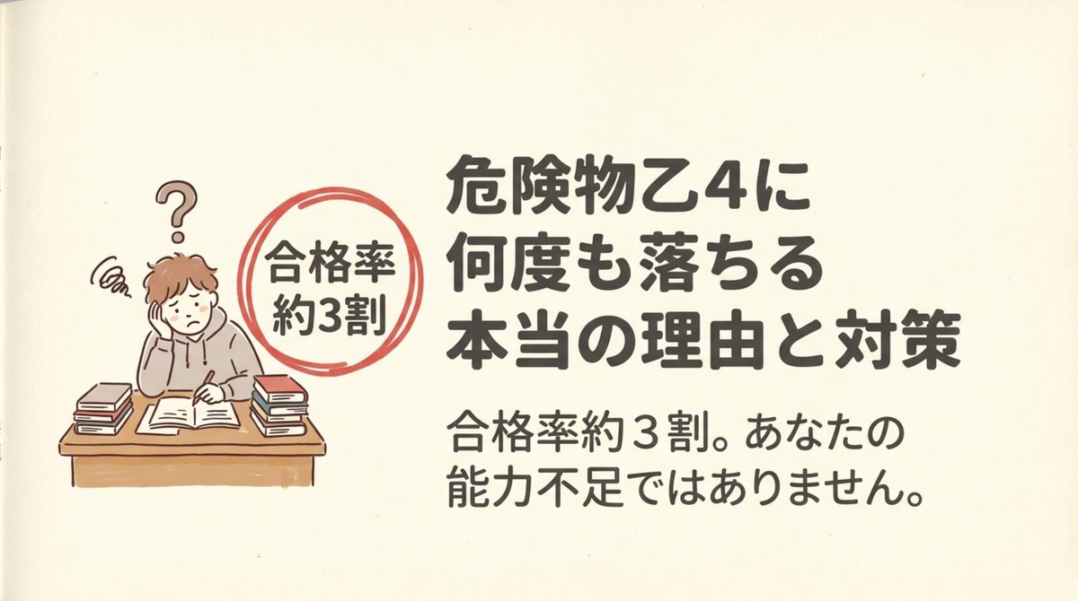 危険物乙4 合格率約3割 危険物乙4の合格率は約3割で、何度も受からないのは能力不足ではないことを示す図解