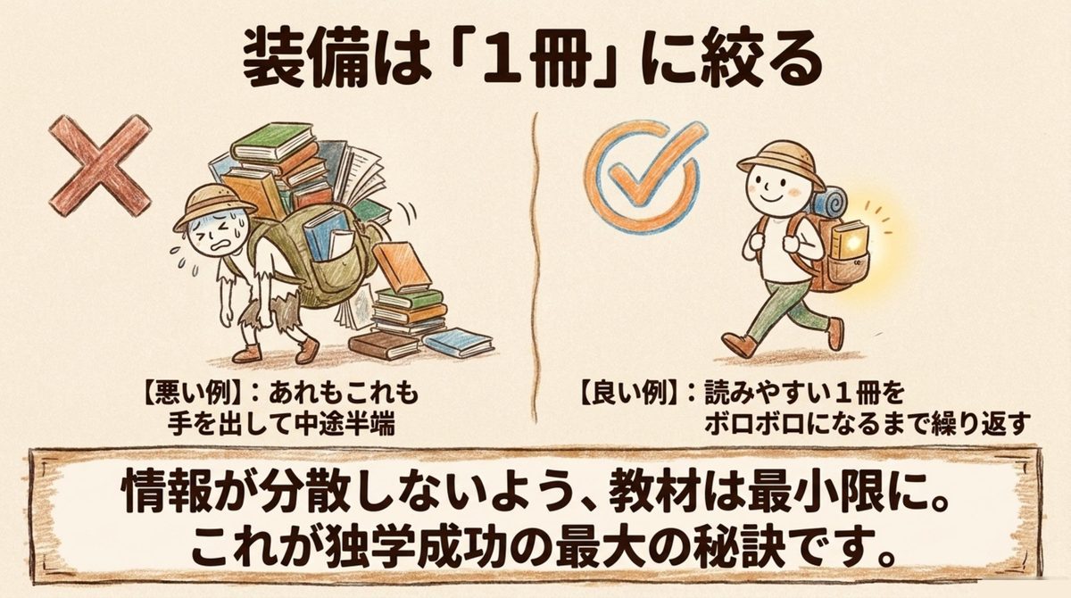 危険物乙4の独学は参考書を何冊も買うのではなく1冊に絞って繰り返すほうが定着しやすいことを示す図解