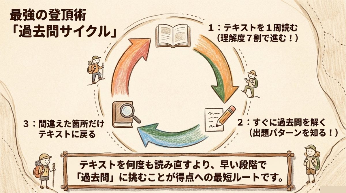 危険物乙4の独学はテキストを繰り返し読むより過去問演習を早く始めるほうが効率的であることを示す過去問サイクルの図解