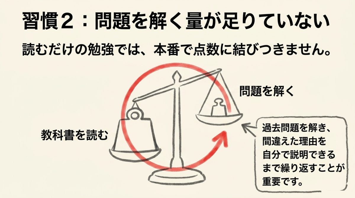 危険物乙4 演習量の重要性 危険物乙4は教科書を読むだけでなく過去問を解いて間違えた理由を説明できるまで繰り返す演習量が重要であることを示す図解