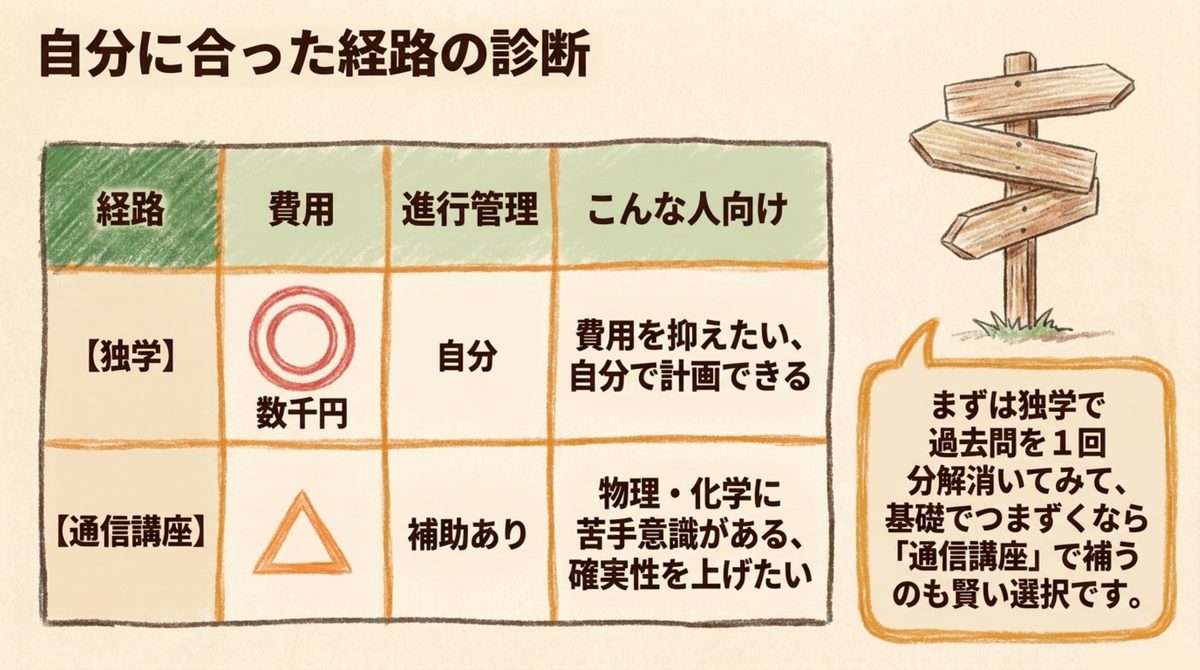 危険物乙4は独学か通信講座か、費用と進行管理と向いている人の違いを比較した診断表