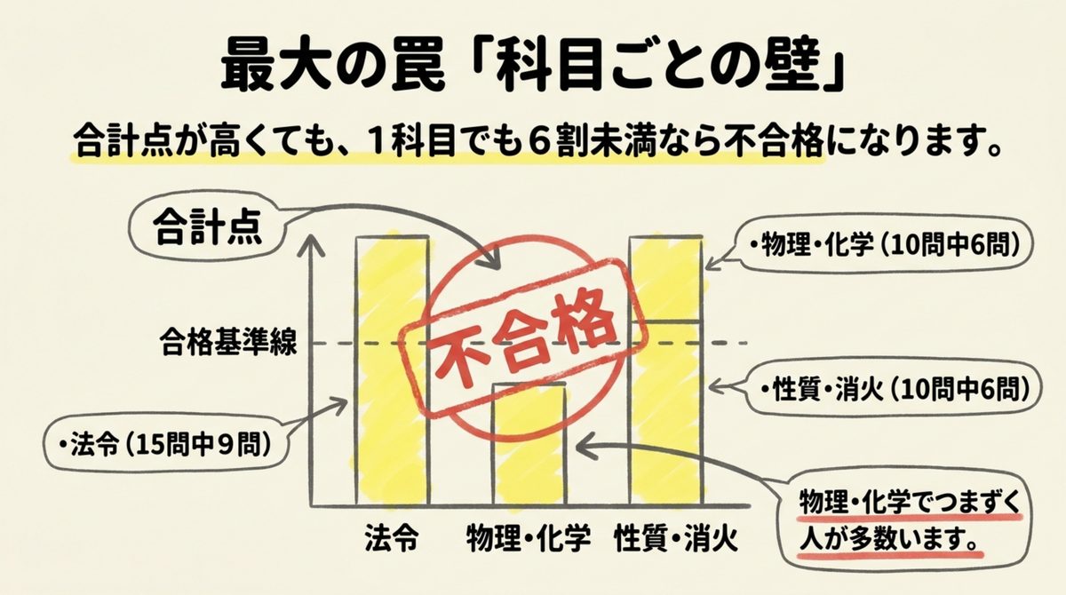 危険物乙4 科目ごとの壁 危険物乙4は合計点ではなく法令・物理化学・性質消火の3科目それぞれで6割必要なため1科目でも基準未満だと不合格になることを示す図解