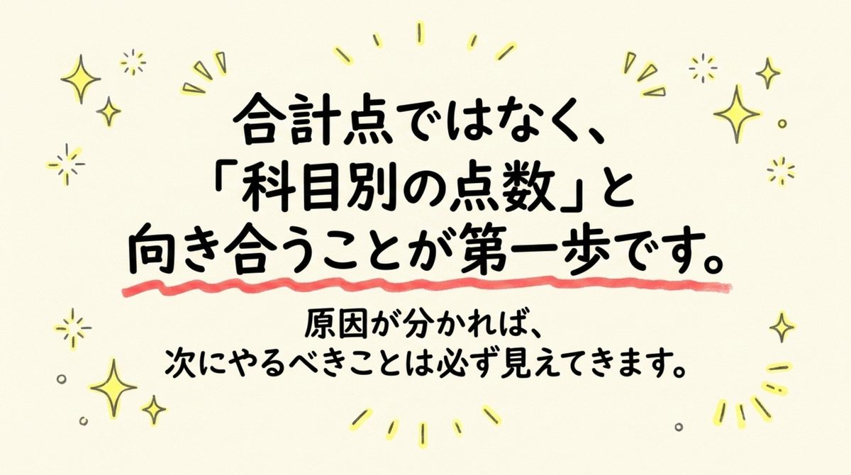 危険物乙4 科目別得点と向き合う 危険物乙4の合否は合計点ではなく科目別の点数で決まるため科目別に向き合うことが合格への第一歩であることを示す図解