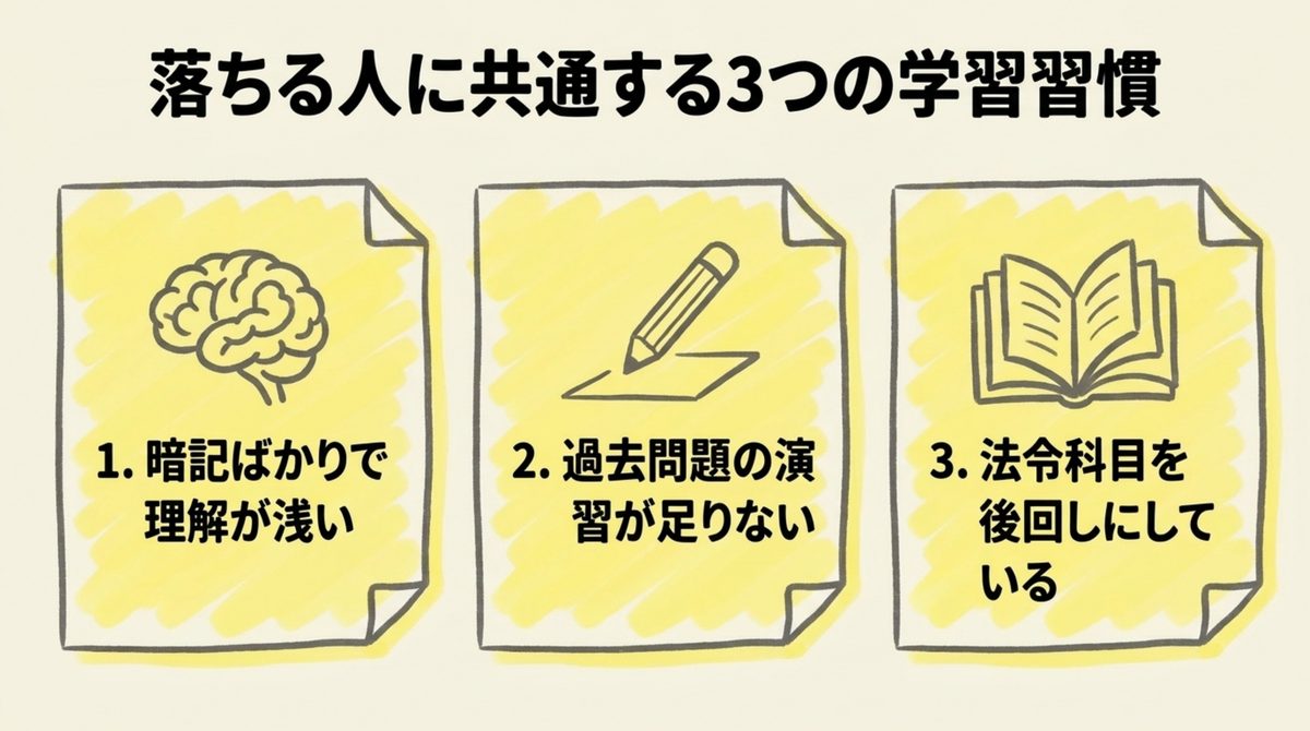 危険物乙4 落ちる人の3つの習慣 危険物乙4に落ちる人に共通する3つの学習習慣(暗記偏重・過去問不足・法令後回し)を示す図解