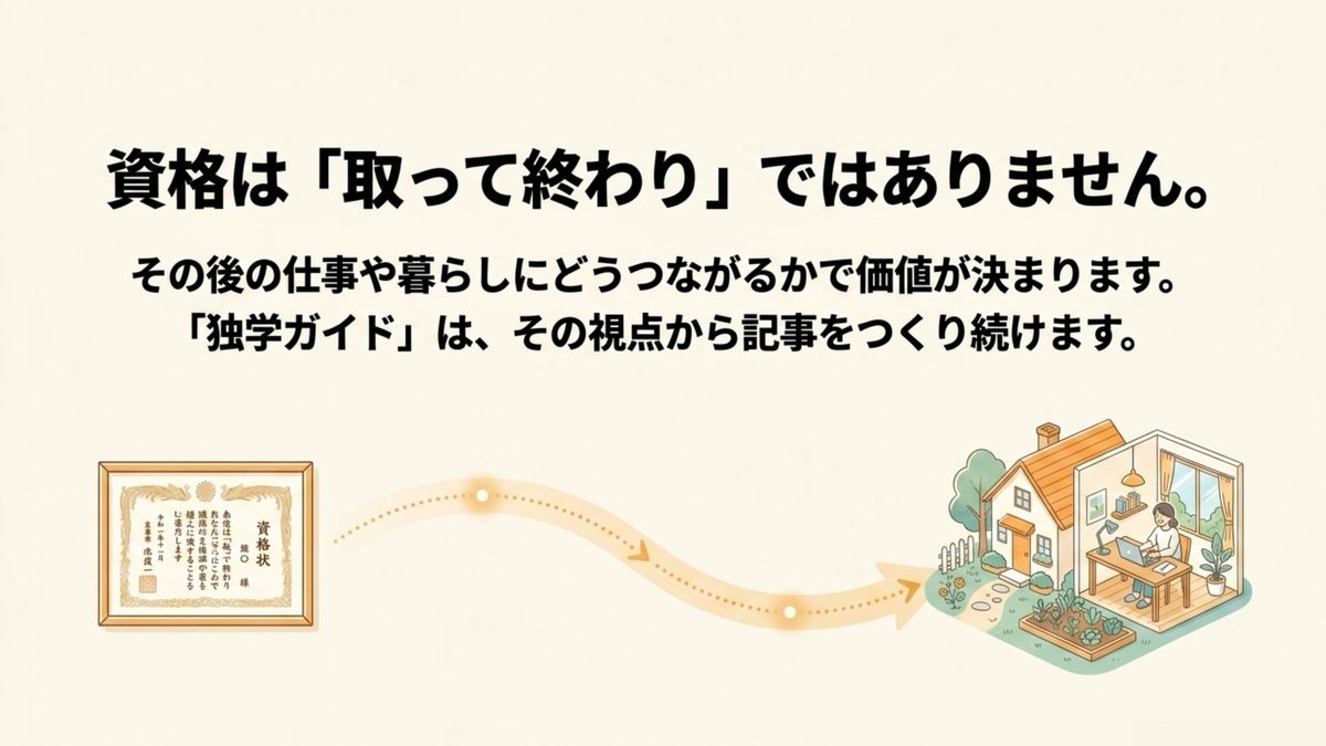 資格は取って終わりではなく、その後の仕事や暮らしにどうつながるかで価値が決まるという独学ガイドの締めのメッセージ図解