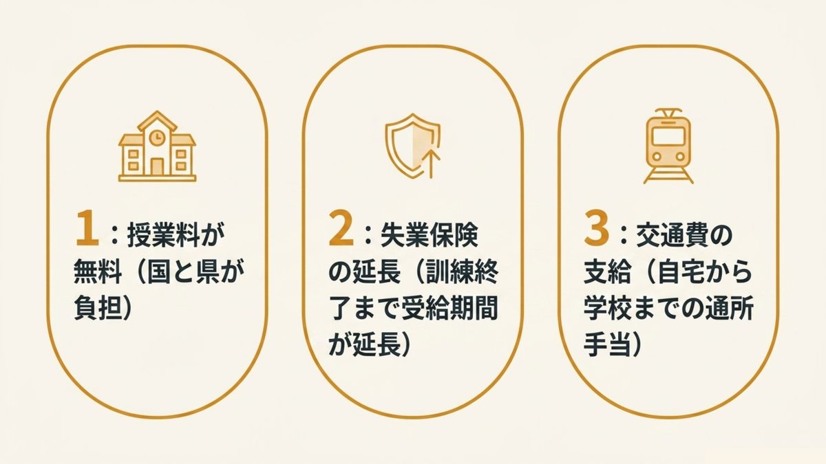 公共職業訓練で受けられる3つの支援。授業料が無料・失業保険の受給期間延長・通学の交通費支給を示す図解
