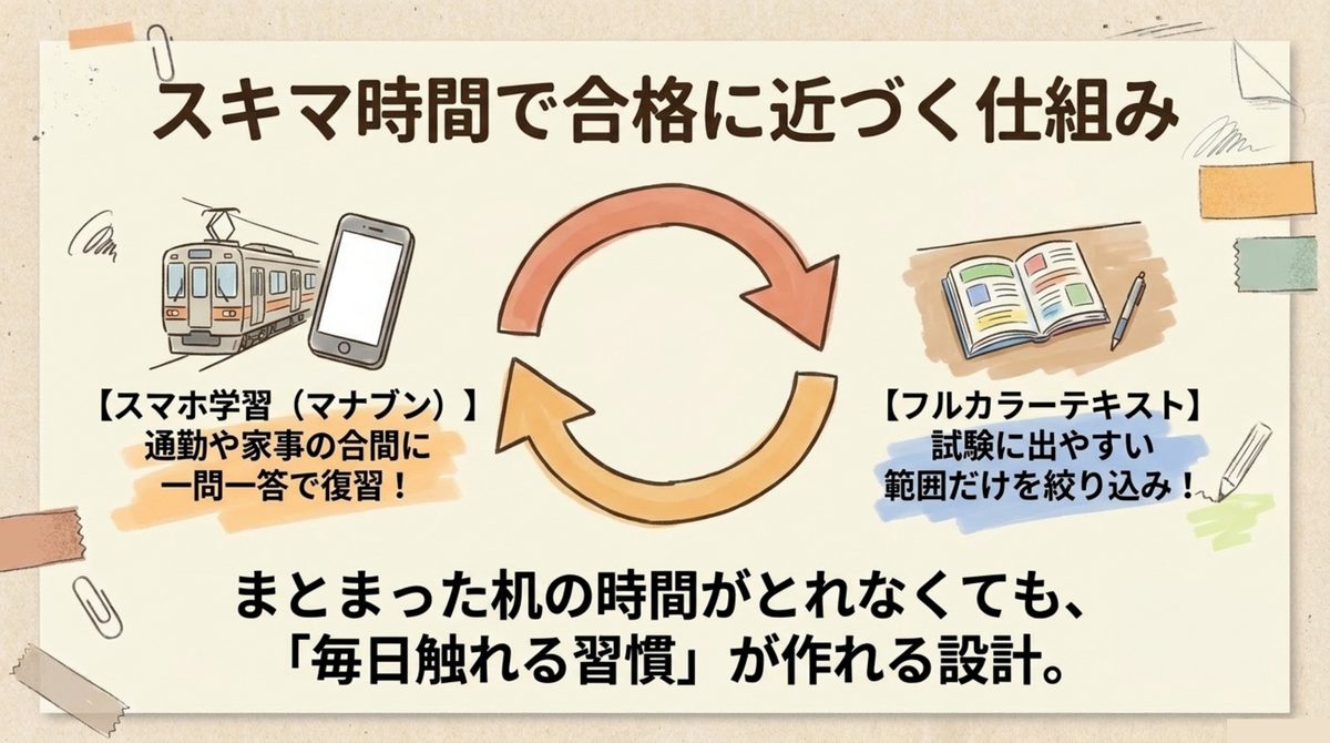 通勤や家事の合間のスマホ学習ManaBunと、試験に出やすい範囲を絞ったフルカラーテキストを往復する学習サイクル図
