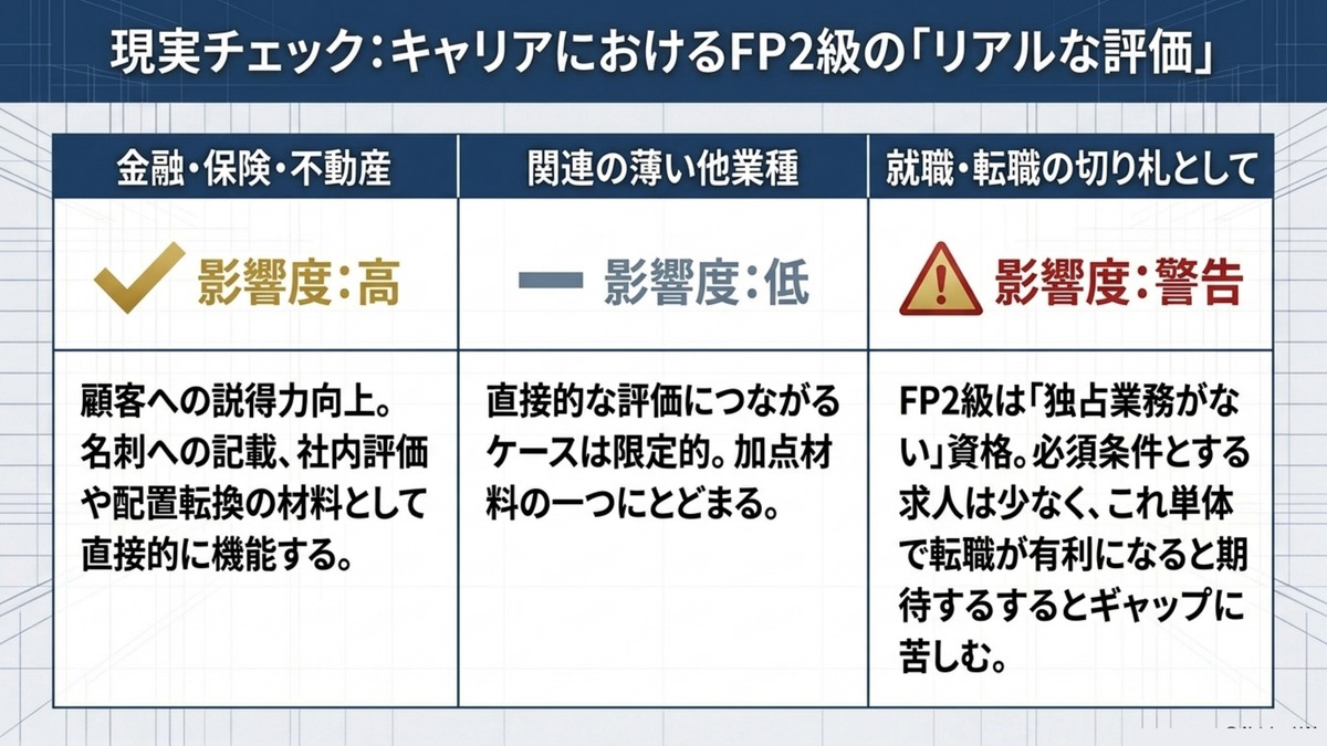 金融・保険・不動産業界は影響度高、関連の薄い他業種は影響度低、就職・転職の切り札としては期待とのギャップに注意という3区分の現実チェック表
