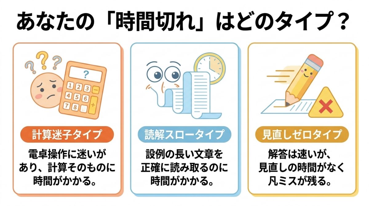 FP2級実技試験の時間切れタイプを計算迷子・読解スロー・見直しゼロの3タイプで示した図