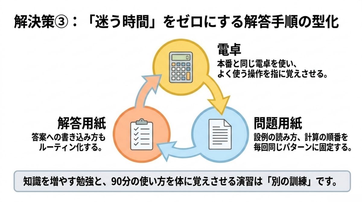 FP2級実技試験の電卓・問題用紙・解答用紙を型として固定する解答手順のサイクル図