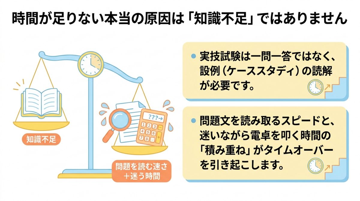 FP2級実技試験で時間が足りない本当の原因は知識不足ではないことを示した図